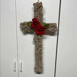 Handcrafted Decorative Burlap Cross with Red Roses